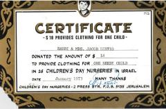 Children's Day Nurseries in Israel (Jerusalem, Israel) - Certificate Certifying the Rabbi Lustig Contributed to Provide Clothing for One Child, 1972