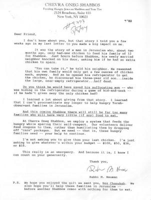 Chevra Oneg Shabbos (New York, NY) - Letter of Solicitation, 1994