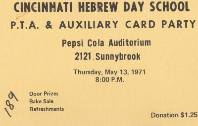 Cincinnati Hebrew Day School (Cincinnati, OH) - Admit One Tickets to the PTA &amp; Ladies Auxiliary Card Party, 1971