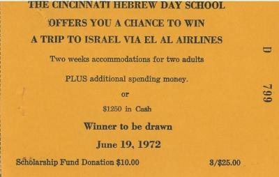 Cincinnati Hebrew Day Schools (Cincinnati, OH) - Raffle Ticket (nos. 794-799) for Scholarship Fund Raffle, 1972