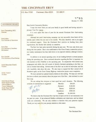 The Cincinnati Eruv (Cincinnati, OH) - Letter of Solicitation, 1988