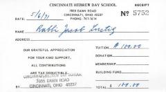 Cincinnati Hebrew Day School (Cincinnati, OH) - Contribution Receipt (no. 5752), 1971