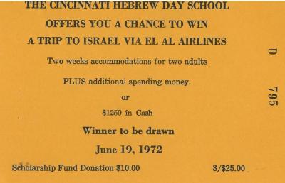 Cincinnati Hebrew Day Schools (Cincinnati, OH) - Raffle Ticket (nos. 794-799) for Scholarship Fund Raffle, 1972