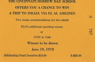 Cincinnati Hebrew Day Schools (Cincinnati, OH) - Raffle Ticket (nos. 794-799) for Scholarship Fund Raffle, 1972