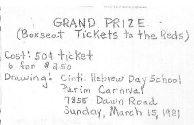 Raffle ticket for the Cincinnati Hebrew School (Cincinnati, OH) Purim Carnival Drawing, 1981