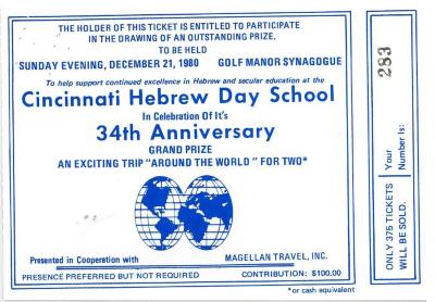 Raffle tickets (no. 280-284) for 34th Anniversary Drawing for Cincinnati Hebrew Day School (Cincinnati, OH), 1980