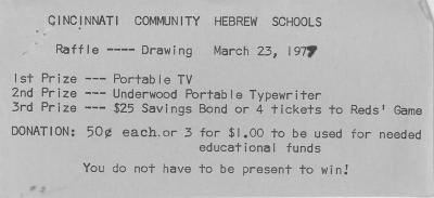 Cincinnati Hebrew Day School (Cincinnati, OH) - Raffle Tickets, 1977