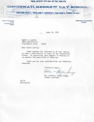 Letter re: Contribution made to Cincinnati Hebrew Day School (Cincinnati, OH), 1975