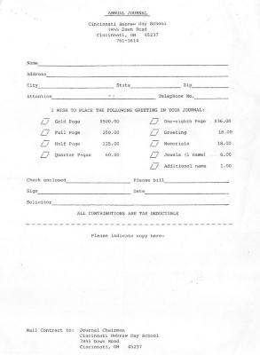 Cincinnati Hebrew Day School (Cincinnati, OH) - Form to Purchase Ad for Annual Journal, 1987