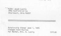Cincinnati Hebrew Day School (Cincinnati, OH) - Statement for Rabbi Lustig re: Scholarship Dinner Contribution, 1975