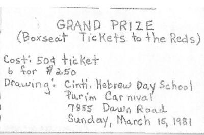 Raffle ticket for the Cincinnati Hebrew School (Cincinnati, OH) Purim Carnival Drawing, 1981