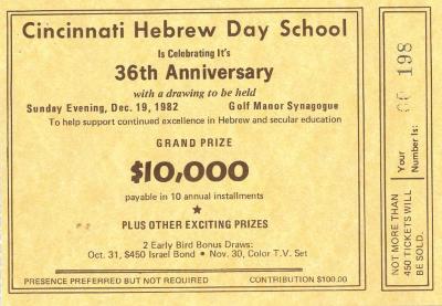 Cincinnati Hebrew Day School (Cincinnati, OH) - Raffle Tickets (no. 198-210) for 36th Anniversary Drawing, 1982