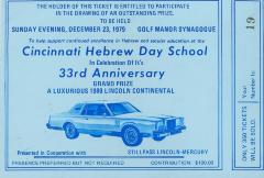 Raffle Ticket (no. 19-21) for the 33rd Anniversary Drawing of Cincinnati Hebrew Day School (Cincinnati, OH), 1979