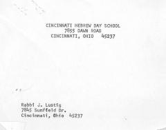 Rabbi Lustig's Address written on Cincinnati Hebrew Day School Letterhead (Cincinnati, OH), 1975