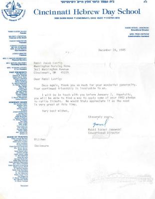 Cincinnati Hebrew Day School (Cincinnati, OH) - Letter re: Contribution Made, 1985