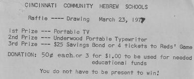 Cincinnati Hebrew Day School (Cincinnati, OH) - Raffle Tickets, 1977