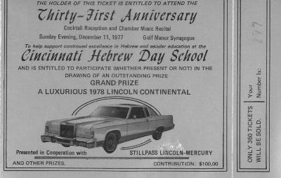 Cincinnati Hebrew Day School (Cincinnati, OH) - Raffle Ticket (no. 273, 277) for raffle held at Golf Manor Synagogue, 1977