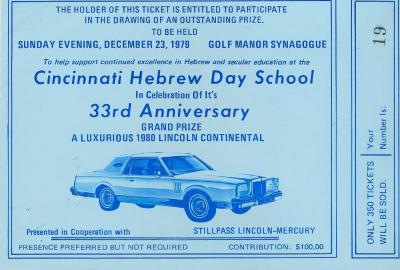 Raffle Ticket (no. 19-21) for the 33rd Anniversary Drawing of Cincinnati Hebrew Day School (Cincinnati, OH), 1979