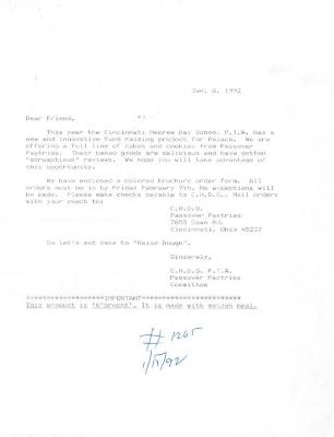 Cincinnati Hebrew Day School (Cincinnati, OH) - Letter of Solicitation re: Pesach Fundraising Project, 1992