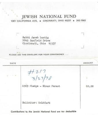 Cincinnati Jewish National Fund - Statement re: Pledge Fee, 1969