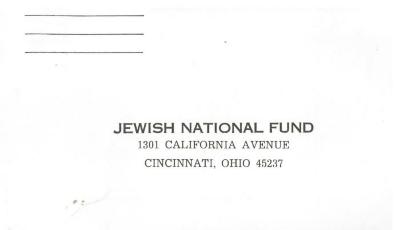 Cincinnati National Jewish Fund (Cincinnati, OH) - Envelope containing Pledge Fee, 1971