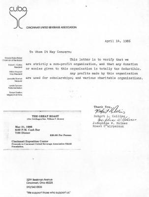 Cincinnati United Beverage Association (Cincinnati, OH) - Letter re: C.U.B.A. being a Strictly Non-Profit Organization, 1986