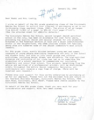 Cincinnati Hebrew Day School (Cincinnati, OH) - Letter of Solicitation, 1990