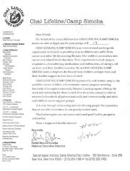 Chai Lifeline/Camp Simcha (New York, NY) - Letter re: Pledge Made, 1992