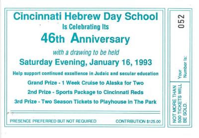 Cincinnati Hebrew Day School (Cincinnati, OH) - Raffle Tickets for 46th Anniversary Drawing