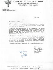 Congregation Am Echad (San Jose, CA) - Letter of Solicitation, 1986