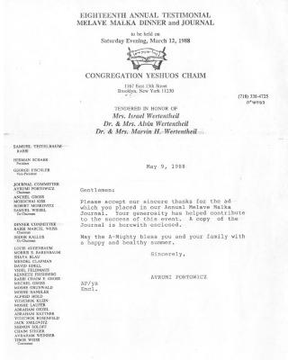 Congregation Yeshuos Chaim (Brooklyn, NY) - Letter re: Ad to be placed in Annual Journal, 1988