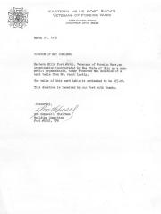 Eastern Hills Post #4045: Veterans of Foreign War (Cincinnati, OH) - Letter re: Card Table Donation, 1975