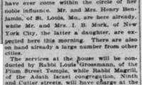 Article Regarding Death of Mrs. Miriam Benjamin in 1905, Prominent Member of Adath Israel Congregation (Cincinnati, Ohio)