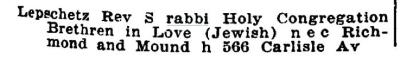 Rev S Lepschetz, Rabbi of Congregation Brotherly Love / Ahavat Achim (Cincinnati, Ohio), Listing from Williams 1907 Cincinnati Directory