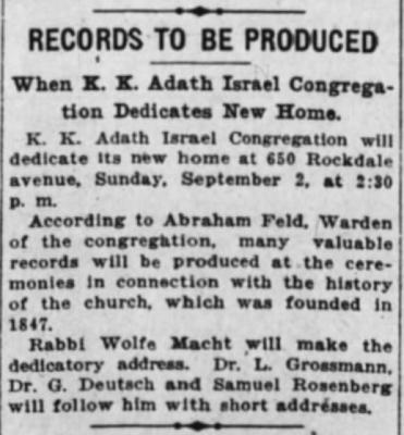 Articles Regarding 1916 Move of Adath Israel Congregation from Downtown Cincinnati to Avondale, Cincinnati, Ohio