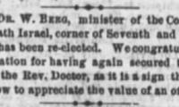 Information about Rabbi Rev. Dr. W. Berg of Adath Israel Congregation (Cincinnati, Ohio)  - 1873