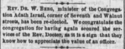 Information about Rabbi Rev. Dr. W. Berg of Adath Israel Congregation (Cincinnati, Ohio)  - 1873