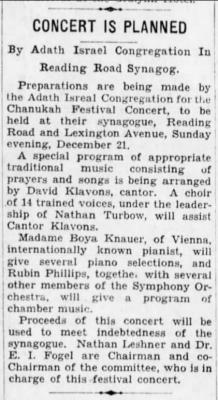 Hanukkah Concert at Adath Israel (Cincinnati, Ohio) to Pay Down Debt - 1930 