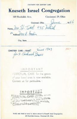 Statement for Mrs. H. Tavel for Cemetery Care for the Kneseth Israel Congregation Cemetery, 1956 (Cincinnati, Ohio) 