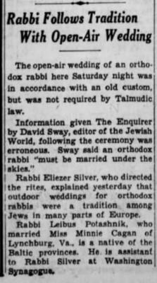 Marriage of Rabbi Leib Potashnik (Cincinnati, Ohio) Articles from March 1940