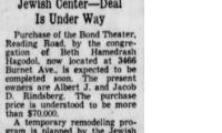 Article on Beth Hamedrash Hagodol Congregation (Cincinnati, Ohio) Purchasing &amp;amp; Dedicating Bond Hill Theater for new Synagogue in 1954 - 1955