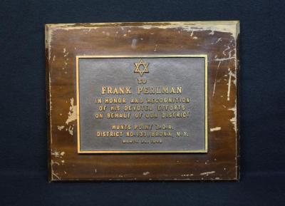 Hunts Point New York Zionist Organization of America 1949 Plaque in honor of Frank Perlman