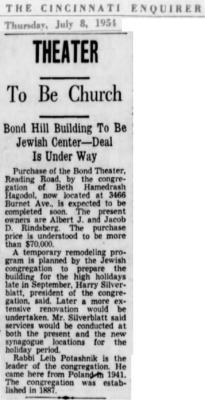 Article on Beth Hamedrash Hagodol Congregation (Cincinnati, Ohio) Purchasing &amp; Dedicating Bond Hill Theater for new Synagogue in 1954 - 1955