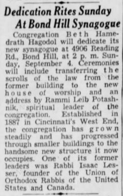 Article on Beth Hamedrash Hagodol Congregation (Cincinnati, Ohio) Purchasing &amp; Dedicating Bond Hill Theater for new Synagogue in 1954 - 1955
