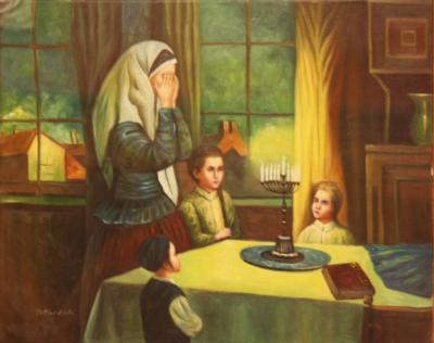 Painting of Jewish Mother saying Blessings over Shabbat Candles