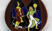 Hand painted, Small Brown Dish Depicting 2 Figures
