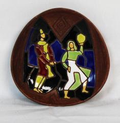 Hand painted, Small Brown Dish Depicting 2 Figures
