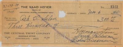 Check from VAAD Hoier of Cincinnati to Rabbi Eliezer Silver in 1944 for his use in Rescuing Jews in Europe