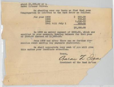 Letter from 1941 to Kneseth Israel Congregation (Cincinnati, Ohio) Regarding its Debt to the VAAD Hoier of Cincinnati