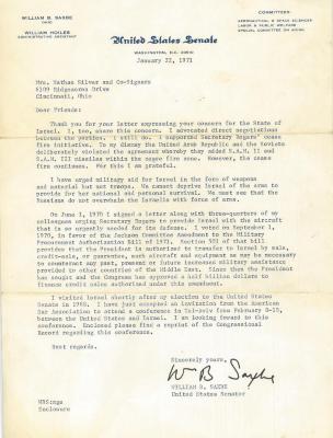 Letter from Senator William B. Saxbe to Mr. Nathan Silver in 1971 regarding his Support for the State of Israel